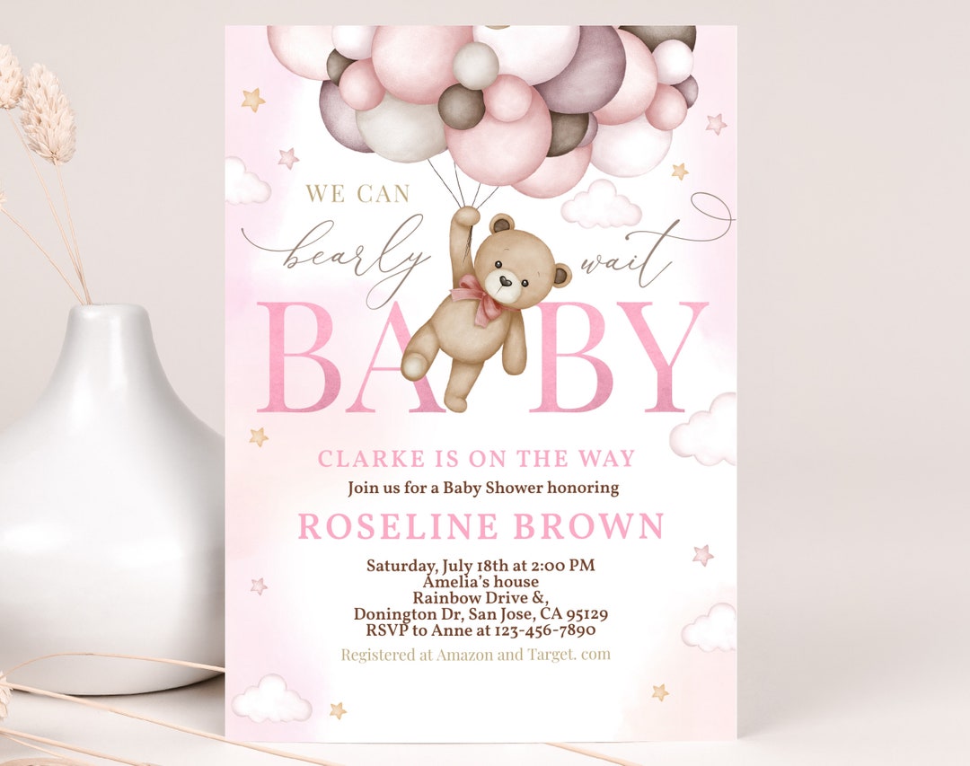 Teddy Bear Baby Shower Invitation We Can Bearly Wait Girl Baby Shower ...
