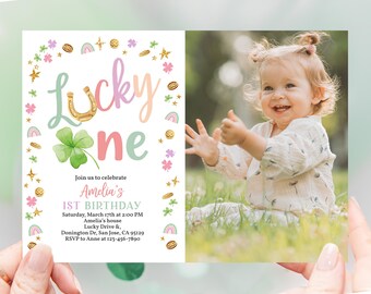 Invitación con foto para el cumpleaños de San Patricio, primera invitación para una chica afortunada, trébol arcoíris, trébol verde rosa, San Patricio irlandés, editable (BT95P)