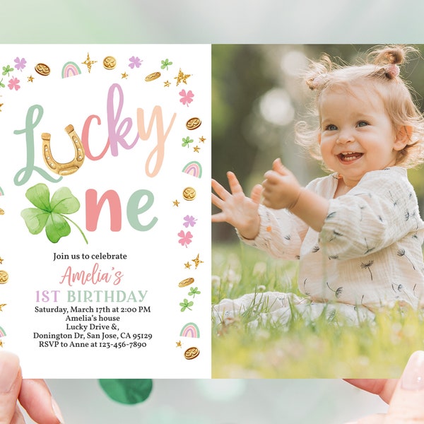 St Patricks Day Birthday Photo Invitation Lucky One Birthday Party Invite Girl St Pattys Shamrock Rainbow Four Leaf Clover EDITABLE BT95P