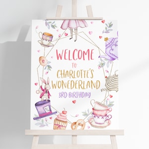 Alice in Wonderland Welcome Sign Alice in Onederland Girl 1st First Birthday Poster Mad Hatter Tea Party Decor Purple Floral EDITABLE BT11V