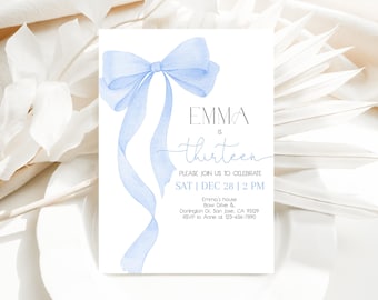 Blue Bow Birthday Invitation Any Age, Coquette Girl Blue Ribbon Invite, Watercolor Elegant Soft Pastel Thirteenth Bday Party EDITABLE AT63B