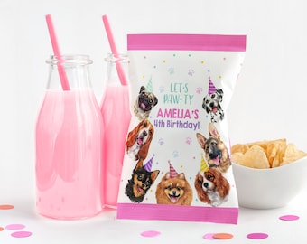 May include: A pink and white treat bag with a paw print design and the text "Let's Paw-ty Amelia's 4th Birthday!"  The bag features illustrations of dogs wearing party hats.