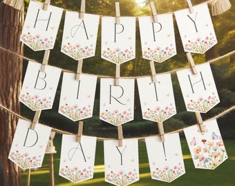 Wildblumen Geburtstagsbanner Wild One Birthday Party Decor Wildblumen Bunting Flagge Frühlingsblumen Pink Lila Floral Schmetterling EDITIERBARE AT69P