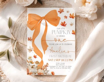 Orange Bow Birthday Invitation Fall Leaves Floral Coquette Girl 1st Birthday Invite Boho Pumpkin Ribbon Autumn Party Elegant EDITABLE AT91O