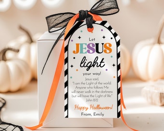 Let Jesus Light Your Way Tag, Religious Halloween Favor Tags, Christian Gift Tag, Kids Church Treat, Sunday School Party Printable HL44O