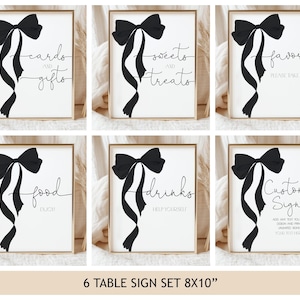 Letreros de mesa con lazo negro para baby shower, póster de cumpleaños coqueto, elegante decoración de fiesta con lazo negro de acuarela, imprimible, AS20K AT63K