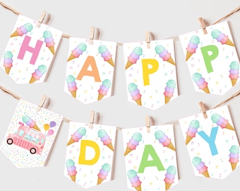 IJswagen verjaardag banner meisje 1e verjaardag partij decor zomer partij slinger twee zoete hier is de scoop foto prop BEWERKBARE BT69P