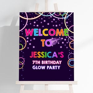Glow Birthday Welcome Sign Neon Glow Dark Party Poster Laser Rainbow Decor Boy Girl Kids EDITABLE Front Porch Sign Template BT45