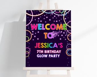 Glow Birthday Welcome Sign Neon Glow In The Dark Party Poster Laser Rainbow Decor Boy Girl Kids EDITABLE Front Porch Sign Template BT45