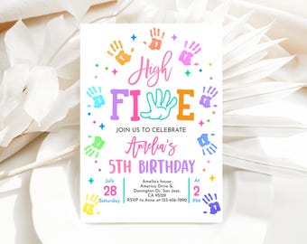 High Five Birthday Invitation Hi 5 Fifth Birthday Invite 5th Colorful Painting Modern Party Girl Pink Rainbow Handprint Print EDITABLE AT88P