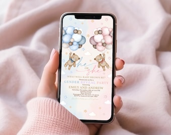 May include: A gender reveal party invitation with a blue and pink watercolor background. The invitation features two teddy bears holding balloons, one blue and one pink, with the text "He or She? What will baby Brown be?" and details for the party.