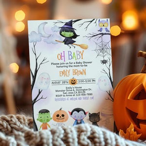 Halloween Baby Shower Invitation Little Monster Gender Neutral Party Invite Green Witch Shower Cute Halloween Spooky EDITABLE Template BS63