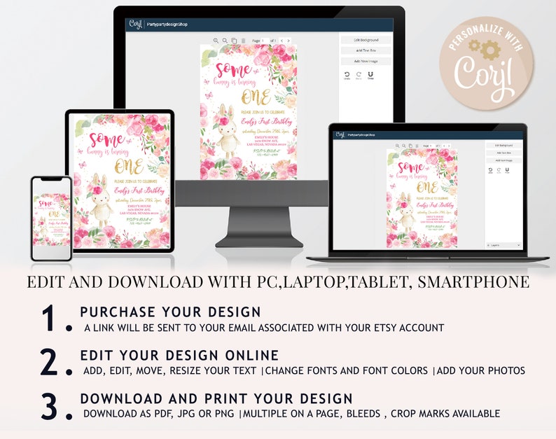 May include: Editable digital invitation for a first birthday party. The invitation features a pink and white floral design with a bunny rabbit and the text "Some bunny is turning one".