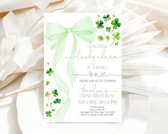 Lucky Charm Birthday Invitation St Patricks Boy 1st Birthday Invite Shamrock Clover Sage Green Bow Coquette Elegant Ribbon EDITABLE AT66G