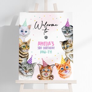 Letrero de bienvenida para cumpleaños de gato, decoración para el primer cumpleaños de niña, póster rosa de animales para fiesta de gatitos, para porche, editable, BT80P