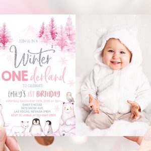 Winter Onederland Photo Invitation Wonderland Girl 1st Birthday Party Invite Pink Polar Bear Arctic Animals Woodland Forest EDITABLE BT46P