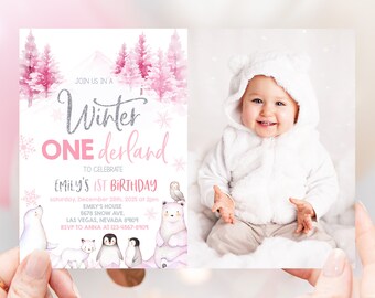 Winter Onederland Photo Invitation, Woodland Animals Birthday Party Invite, Polar Bear, Arctic Pink Silver Snowflake Forest EDITABLE BT46P