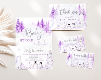 May include: A set of baby shower invitations and inserts with a winter theme. The invitation reads "Baby, It's Cold Outside" with a watercolor illustration of polar bears, penguins, and snowy trees in shades of purple and white.