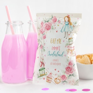 Alice in Wonderland Chip Bag Labels Alice in Onederland Girl First Birthday Party Decor Mad Hatter Tea Party Snack Treats Printable BT11P