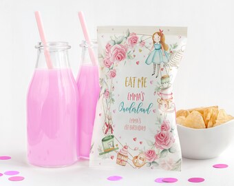 Alice in Wonderland Chip Bag Labels Alice in Onederland Girl First Birthday Party Decor Mad Hatter Tea Party Snack Treats Printable BT11P
