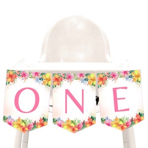 Luau High Chair Banner Girl First Birthday Decor Hawaiian Tropical Summer Party Bunting Flag Aloha Gold Pineapple Garland Printable AT02P