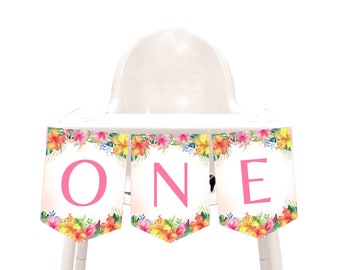 Luau High Chair Banner Girl First Birthday Decor Hawaiian Tropical Summer Party Bunting Flag Aloha Gold Pineapple Garland Printable AT02P