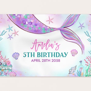 Mermaid Backdrop Banner Girl 1st Birthday Party Decor Under The Sea Princess Magical Purple Teal Gold Pink Tail Photo Booth EDITABLE BT48V