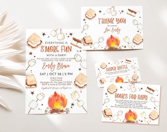 S'more Baby Shower Invitation Bundle Bonfire Couples Shower Invite Set Smore Fun Camping Party Fall Outdoor Camp Campfire EDITABLE BS96O
