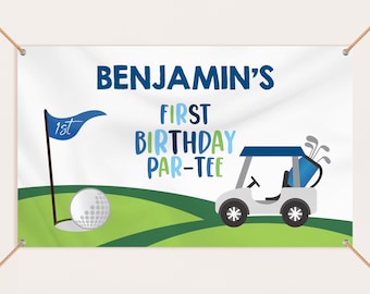 Banner de fondo de cumpleaños de golf "Hoyo en uno" Decoración para fiesta de cumpleaños de niño Primer cumpleaños Golf ¡Vamos a jugar! Fotomatón EDITABLE BT24B