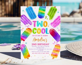 Two Cool Birthday Invitation Popsicle 2nd Birthday Invite Ice Cream Pop On Over Summer Party Boy Girl Sweet Celebration EDITABLE BT79P