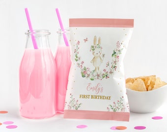 Bunny Birthday Chip Bag Labels Girl 1st First Birthday Party Decor Easter Rabbit Snack Treats Pink Gold Flower Spring Floral EDITABLE BT60P