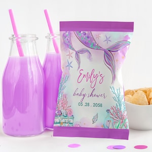 Meerjungfrau Chip Tüte Label Unter dem Meer Gender Neutral Party Dekor Mädchen Prinzessin magisch Lila Teal Gold Knabberbeutel Printable BS37V