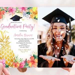 Pineapple Graduation Photo Invitation Tropical Luau High School Grad Party Invite Palm Leaves Class of Announcement EDITABLE Template HL42