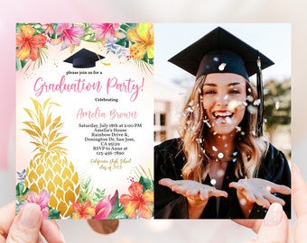 Pineapple Graduation Photo Invitation Tropical Luau High School Grad Party Invite Palm Leaves Class of Announcement EDITABLE Template HL42