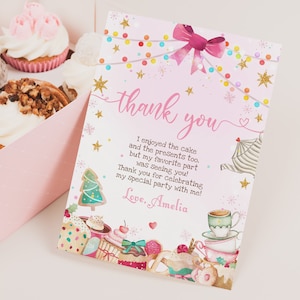 Biglietto di ringraziamento per il tè di Natale, biglietti di ringraziamento natalizi, albero glitterato oro rosa, biscotto per le vacanze invernali, modello stampabile MODIFICABILE HOL022