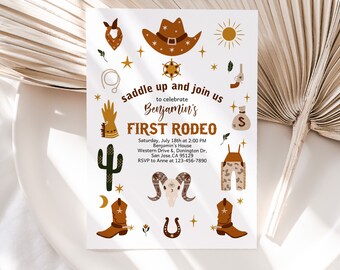 My First Rodeo Birthday Invitation Cowboy 1st Birthday Party Invite Wild West Western Saddle Up Boots Cactus Rustic Country EDITABLE BT82E