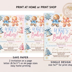 Pode incluir: Um convite para uma festa de revela&ccedil;&atilde;o de g&eacute;nero com figuras de p&atilde;o de gengibre, flocos de neve e uma &aacute;rvore de Natal. O convite diz "What's Baking?" e inclui o texto "Por favor, junte-se a n&oacute;s para uma festa de revela&ccedil;&atilde;o de g&eacute;nero em homenagem a Emily e Andrew".