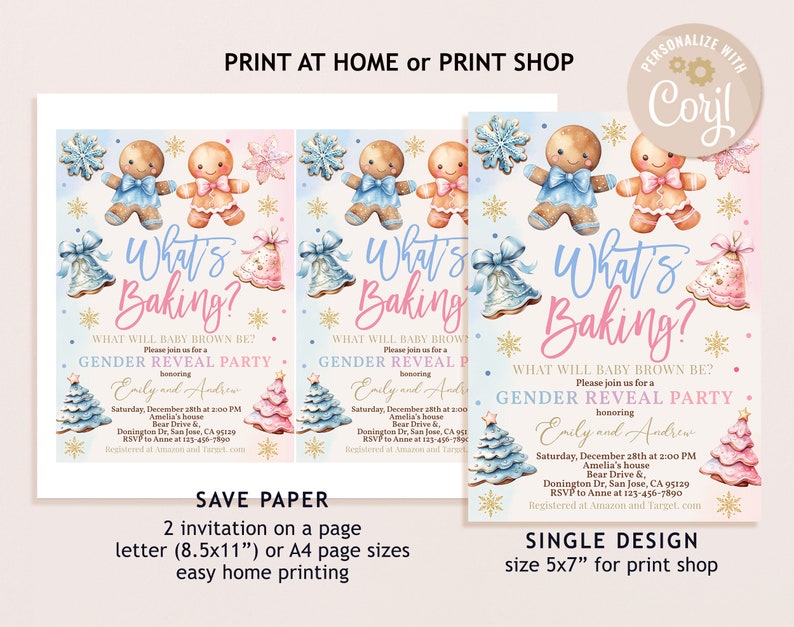 Pode incluir: Um convite para uma festa de revela&ccedil;&atilde;o de g&eacute;nero com figuras de p&atilde;o de gengibre, flocos de neve e uma &aacute;rvore de Natal. O convite diz "What's Baking?" e inclui o texto "Por favor, junte-se a n&oacute;s para uma festa de revela&ccedil;&atilde;o de g&eacute;nero em homenagem a Emily e Andrew".