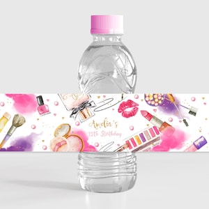 Etichetta per bottiglia d'acqua per feste in spa, trucco per ragazze, decorazioni per pigiama party, festa di coccole, manicure e pedicure per adolescenti, etichetta per bevanda glamour stampabile BT70