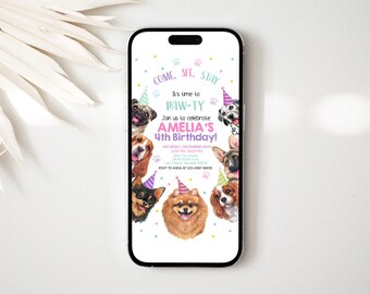 Dog Birthday Evite Girl Pink Puppy Pawty Digital Invitation Pet Adoption Party Animals Mobile Phone Electronic Text Invite EDITABLE BT51P