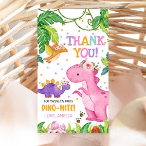 Etiquetas de regalo de dinosaurio para baby shower, decoración para fiesta de primer cumpleaños de niña, lindas etiquetas de recuerdo de dinosaurio, etiquetas de agradecimiento de animales de la selva imprimibles BS38P BT16P