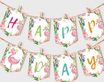 Flamingo Birthday Banner Aloha Luau Girl 1st Birthday Party Decor Hawaiian Tropical Summer Party Garland Pink Floral Greenery EDITABLE BT47P