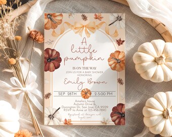 Little Pumpkin Baby Shower Invitation Orange Bow Fall Rustic Gender Neutral Invite Boho Autumn Watercolor Pumpkins Ribbon EDITABLE BS90O