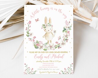Some Bunny Baby Shower Invitation, Spring Flowers Rabbit Invite, Blush Pink Floral Wildflower Party, Easter Girl Wild Flower EDITABLE BS12P