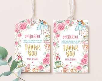 May include: Two Alice in Wonderland themed thank you tags featuring pink roses, a teacup, a cupcake, and a pretzel. The text reads "ONEDERFUL for celebrating with me and making my birthday magical! THANK YOU Love, Jessica".