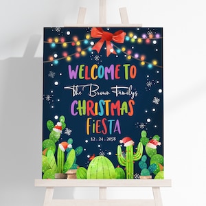 Christmas Fiesta Welcome Sign Mexican Cactus Xmas Party Poster Happy Winter Holiday Feliz Navidad Santa Hat Yard Sign Porch EDITABLE HL20