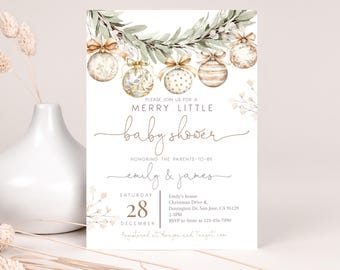 May include: A white baby shower invitation with a watercolour illustration of a garland of green leaves and gold and white ornaments. The text reads "Please join us for a Merry Little Baby Shower honouring the parents-to-be Emily & James. Saturday, December 28, 2-5PM. Emily's house, Christmas Drive & Donington Dr, San Jose, CA 95129. RSVP to Anne at 123-456-7890. Registered at Amazon and Target.com"