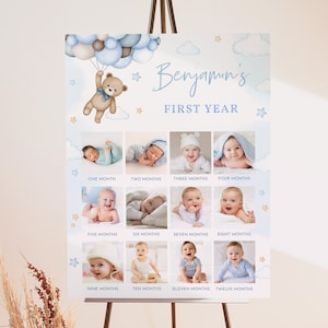 Teddybär Erstes Jahr Foto Schild Junge 1. Geburtstag Party Dekoration Ein Jahr Meilensteinbrett Schild Blau Pampas Grass 12 Monate EDITIERBAR BT81B