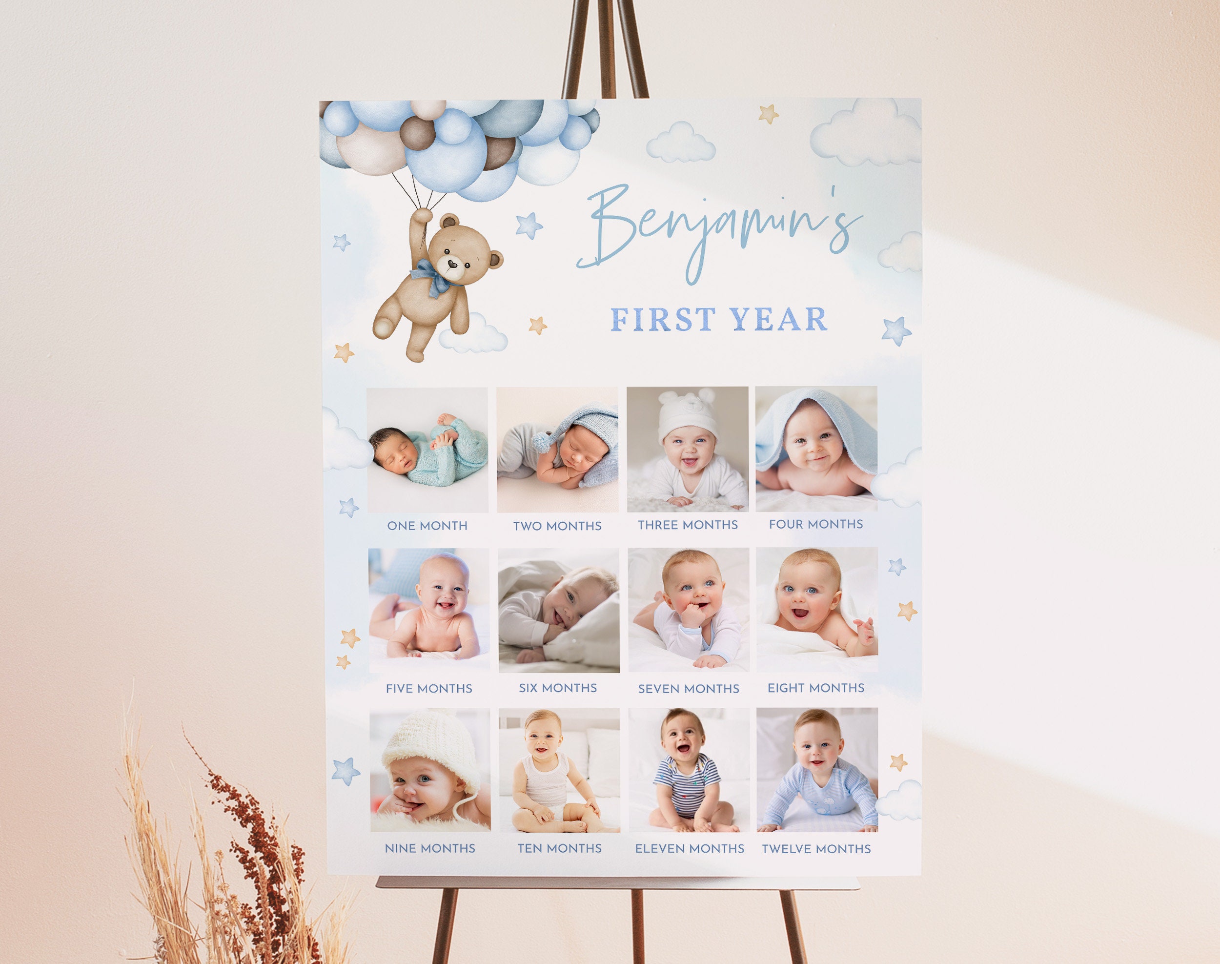 Teddy Bear First Year Photo Sign Boy 1st Birthday Party Decor One Year Of Milestone Board Sign Blue Pampas Grass 12 Month EDITABLE BT81B