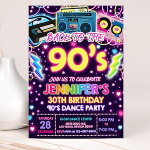 Uitnodiging voor feest jaren 90 40e verjaardagsfeestje uitnodiging jaren 80 retro terug naar de jaren 90 terugspoelen throwback neon gloed discodans hiphop BEWERKBARE BT49